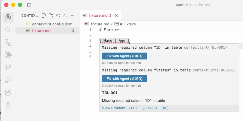 Hovering a contextlint diagnostic shows the rule ID and message