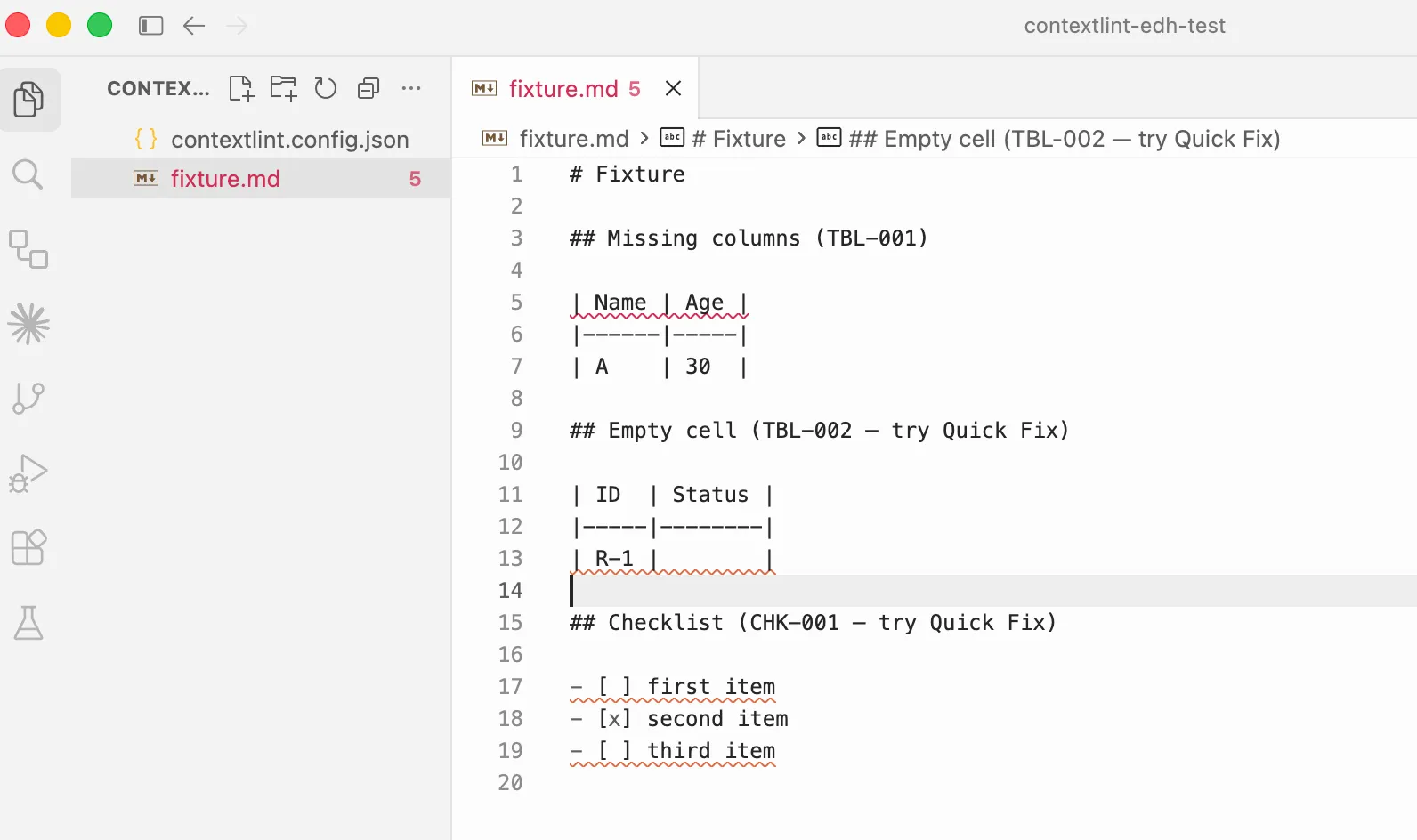 Inline contextlint diagnostics shown in VS Code