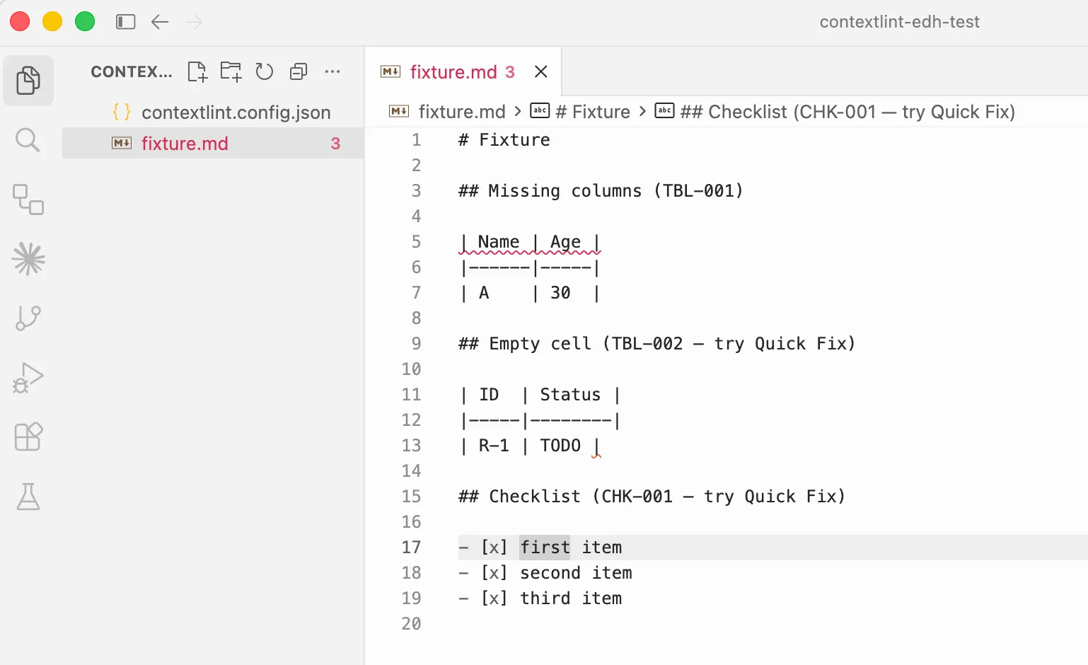 Editor view after the TBL-002 Quick Fix has been applied