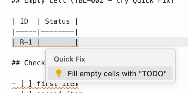 Quick Fix popup for TBL-002 offering to insert TODO